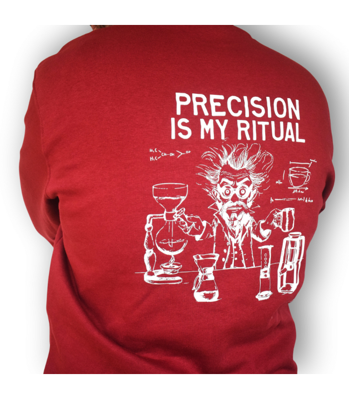 Sudadera roja Precision Is My Ritual | Merchandising Montecelio Café